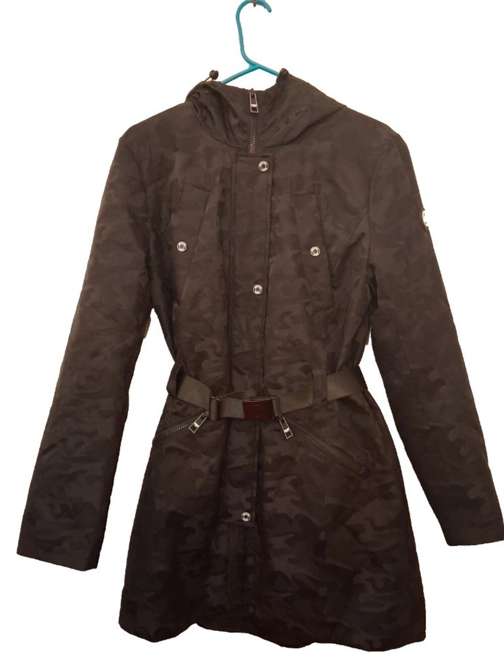 Michael Kors - long black and grey camo jacket with hood and belt medium